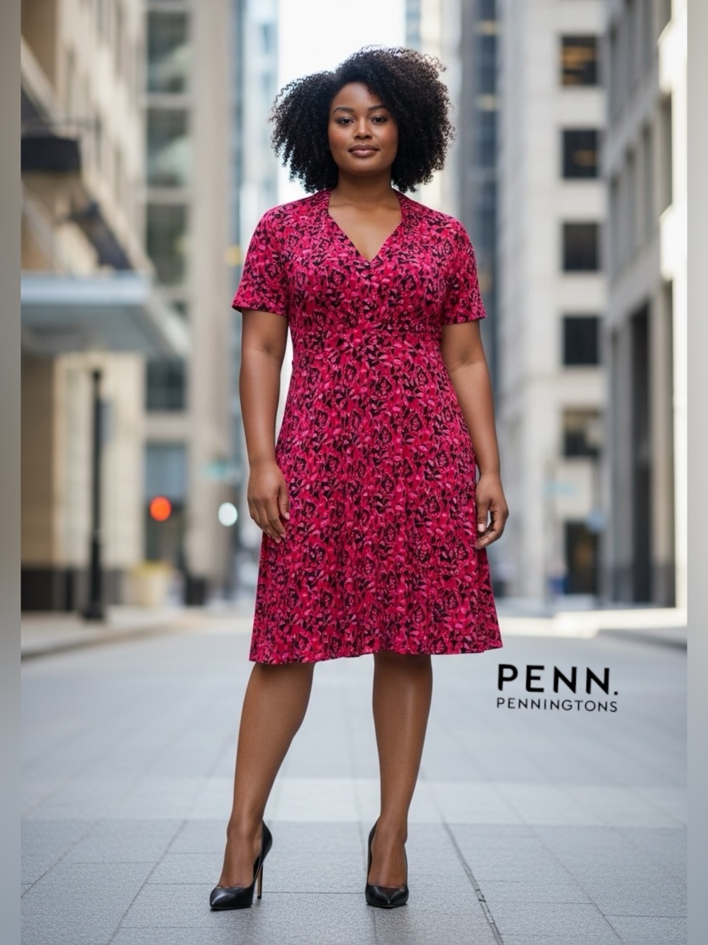 In Every Story by Penningtons Pink & Black Stretch Fit & Flare Dress Plus Size X